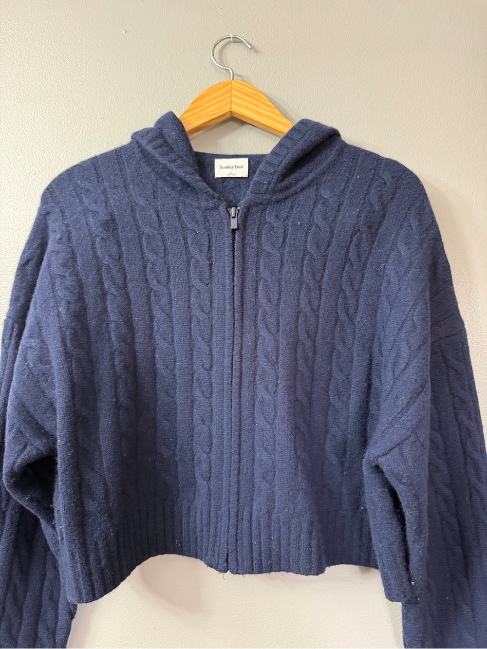 Sunday Best Navy Cable-Knit Hooded Zip Wool Sweater large